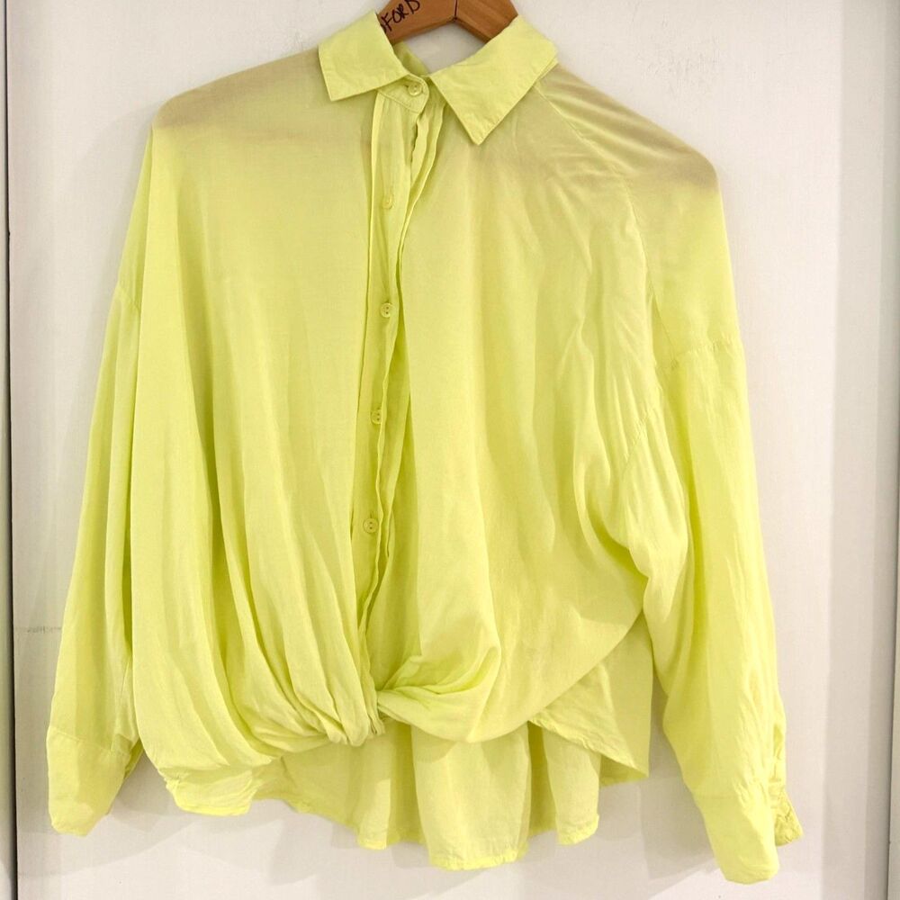 Young Fabulous & Broke Chartreuse Knot Twist Front Shirt Long Sleeve Sheer XS